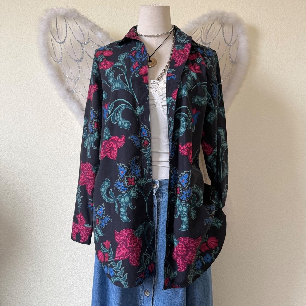 Dark Romantic Funky Floral Button‎ Up Shirt Black Pink Ecclectic Dopamine Retro